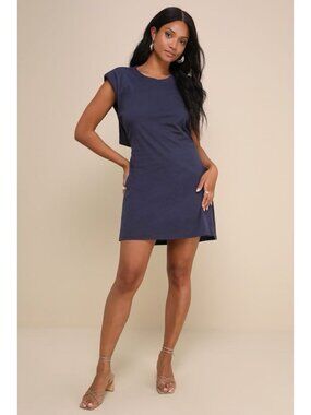 Lulus Feelin Confident T-shirt Dress Sz Small Navy Blue Open Back Mini Cut Out